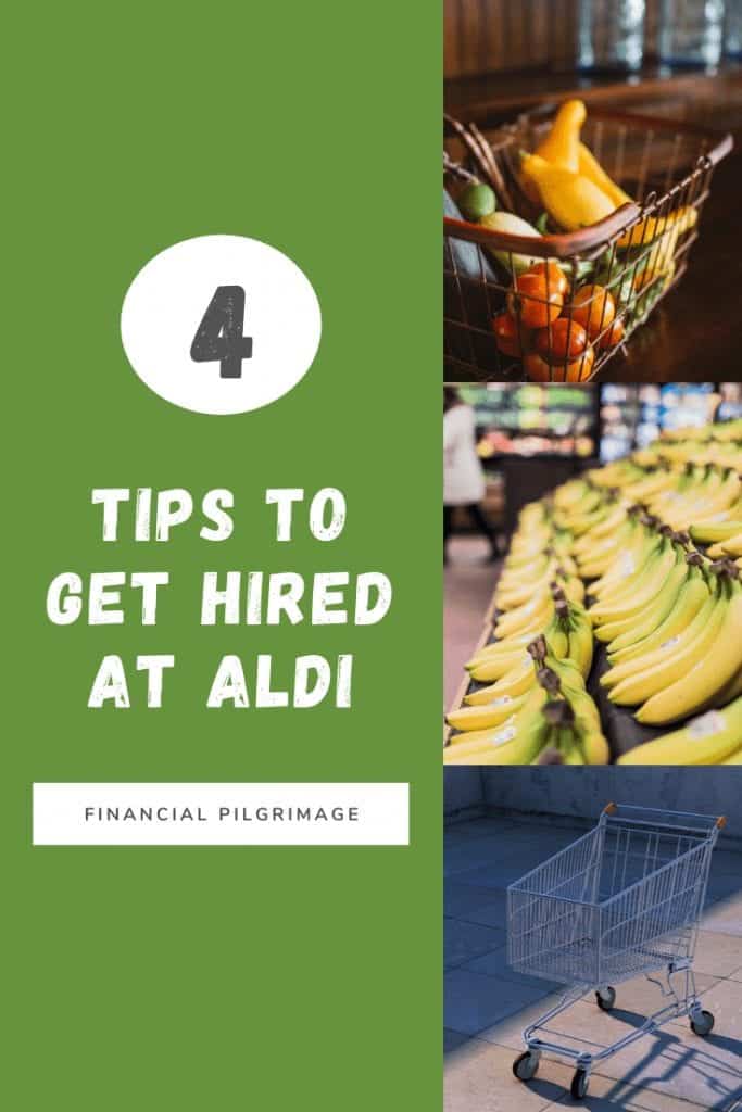 Aldi Hiring Tips: Pinterest image showing a shopping cart, bananas, and fruit basket.