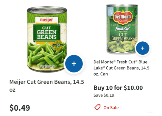 photo of two cans of green beans and prices on how to save money on groceries