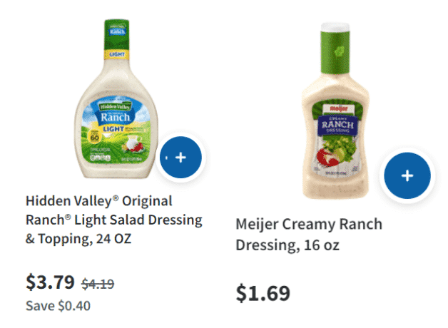 two bottles of ranch dressing and their comparable prices