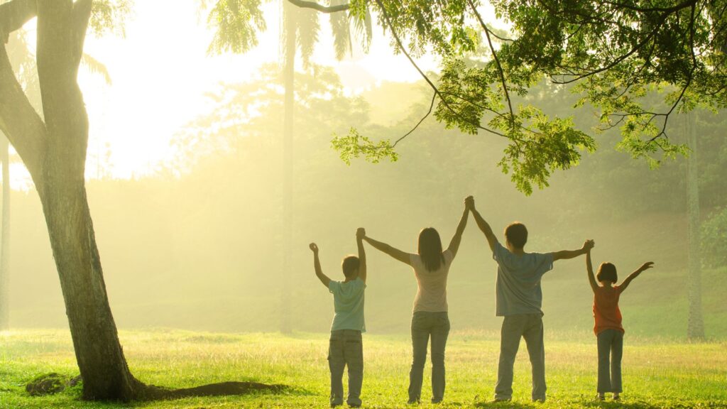 Happy family jumping